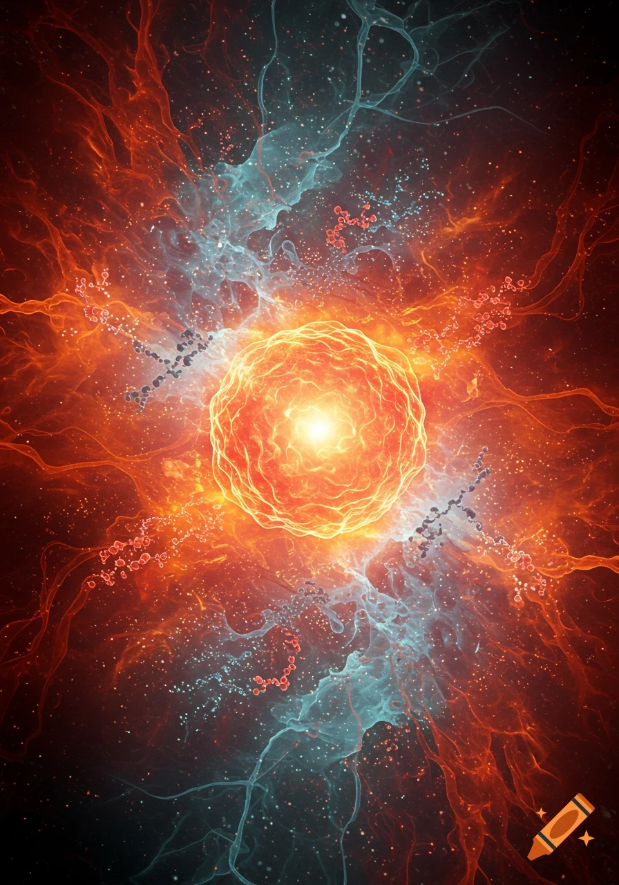A vibrant abstract depiction of a glowing orange cell-like core surrounded by red and blue energy wisps and particles on a dark background.