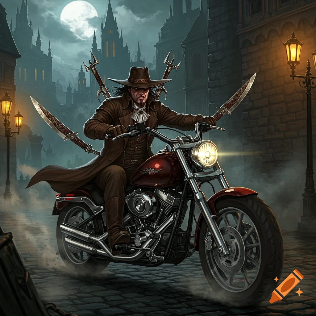 A menacing vampire hunter on a motorcycle with swords rides through a gothic city at night under a full moon.