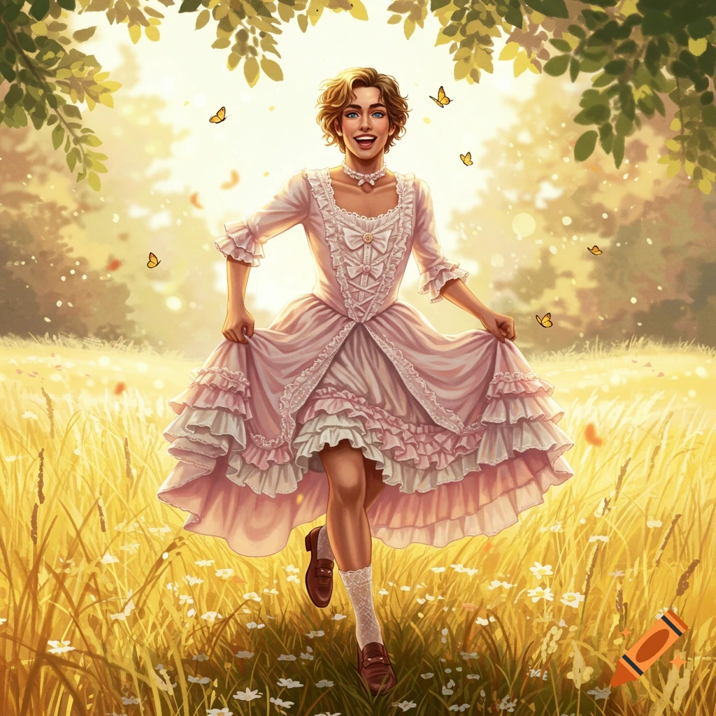 A man in a ruffled pink dress runs through a sunny, golden field filled with flowers and butterflies, with trees overhead.