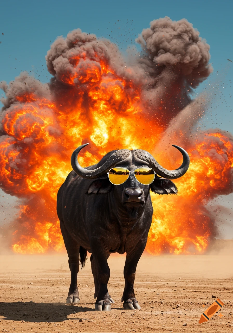 A water buffalo in sunglasses stands in a desert with a large explosion behind it.
