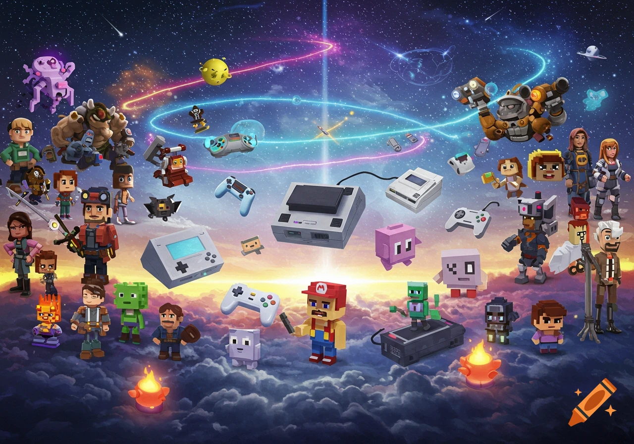 An epic universe filled with a mix of high definition and 3D pixel style game characters, game controllers, and game consoles floating against a starry sky.