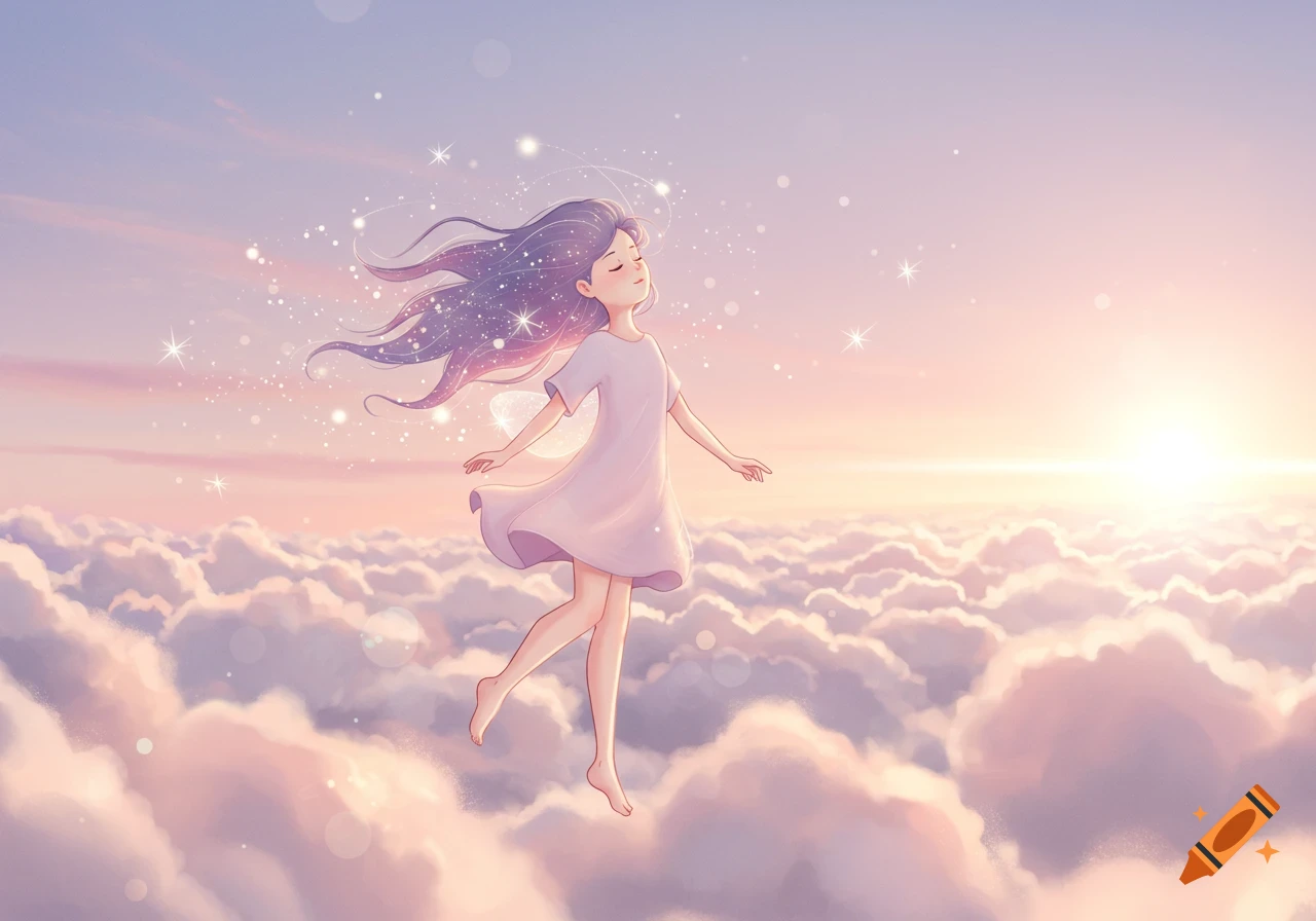 A serene anime-style girl with purple hair floats above pink and purple clouds at sunset, surrounded by shimmering sparkles.