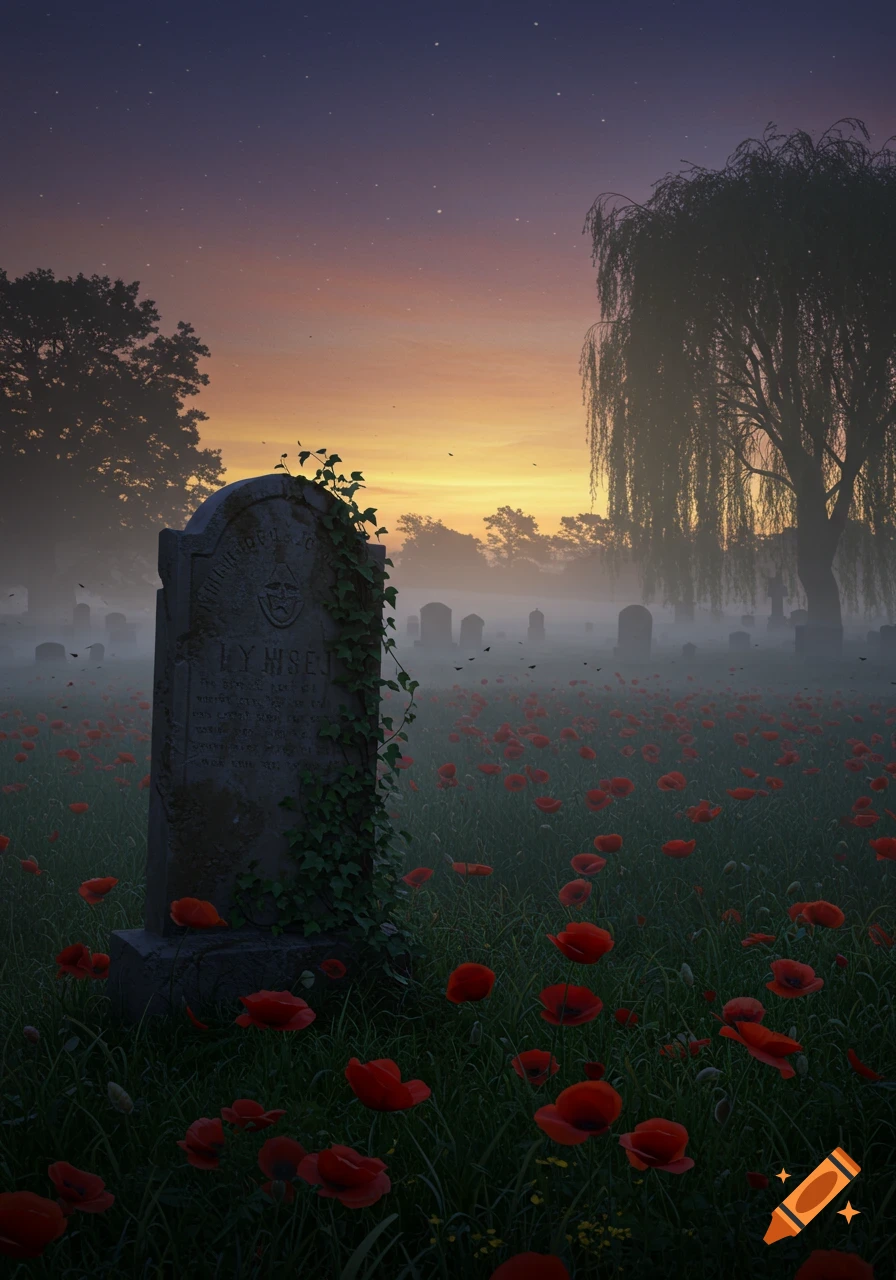 A misty graveyard at sunset with red poppies covering the ground and a large tombstone in the foreground.