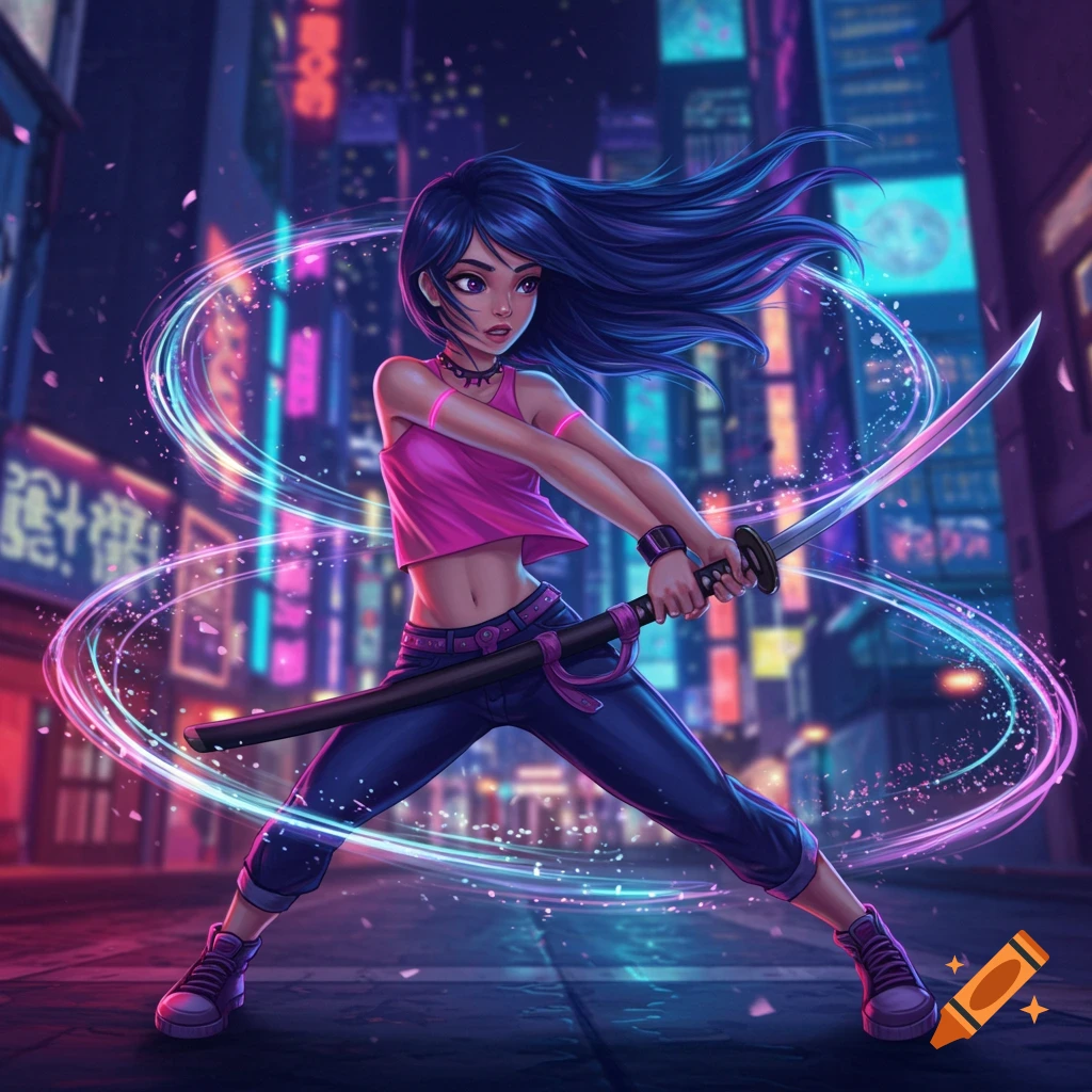An animated girl with blue hair in a pink crop top and jeans holds a katana in a vibrant, neon-lit cyberpunk city street.