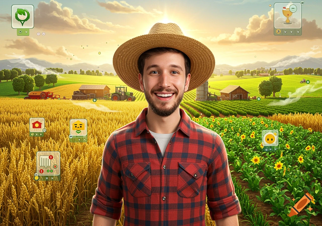 A smiling young male farmer in a straw hat and red plaid shirt stands in a wheat field with sunflowers, surrounded by video game UI elements.