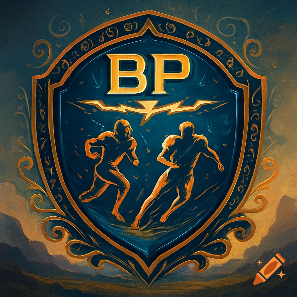 A fantasy football league logo featuring a gold 'BP' atop a blue shield with two golden running figures, framed by ornate gold scrollwork.