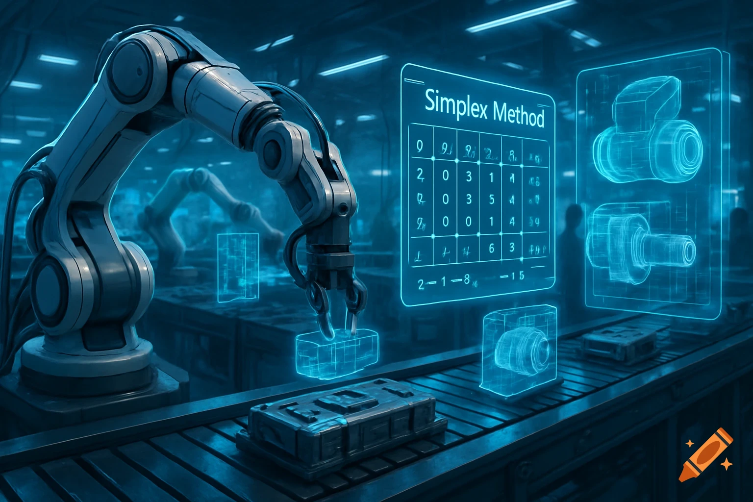 A robotic arm operates in a futuristic blue-lit factory with holographic displays showing 'Simplex Method' data and engineering diagrams.