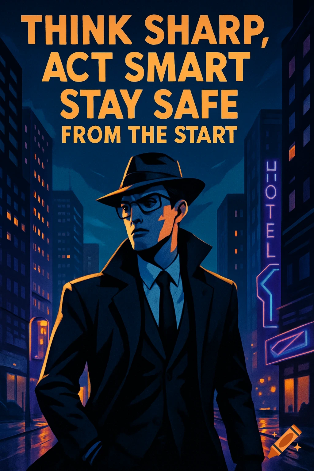 Graphic illustration of a man in a fedora and trench coat in a dark, neon-lit city street with text 'THINK SHARP, ACT SMART STAY SAFE FROM THE START'.