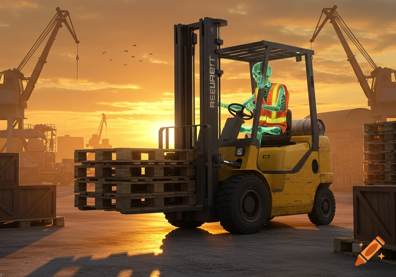 A green skeleton in a safety vest drives a yellow forklift loaded with pallets at a dock during sunset, with cranes in the background.