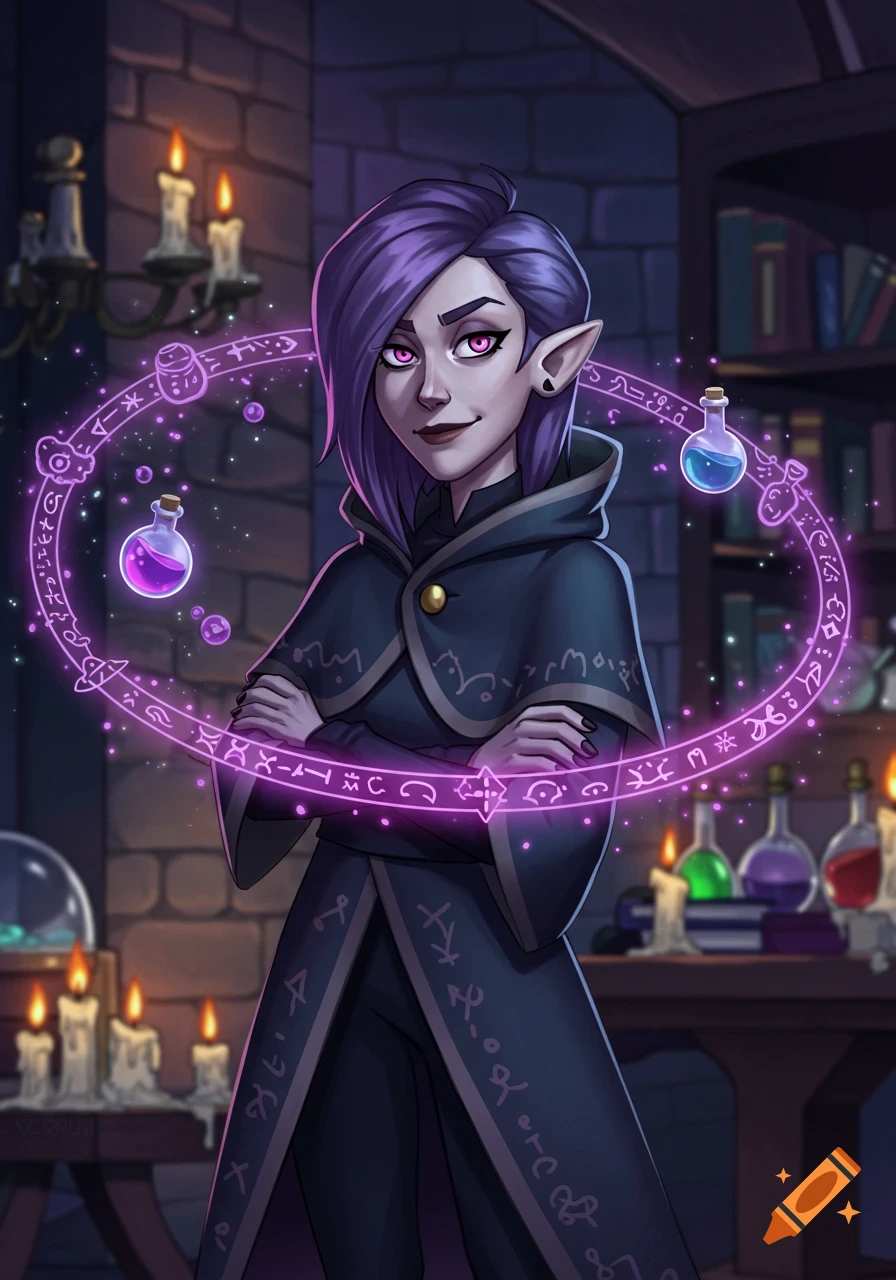 A purple-haired elf-like sorceress with glowing pink eyes stands in a dark room with a magical aura and floating potions.