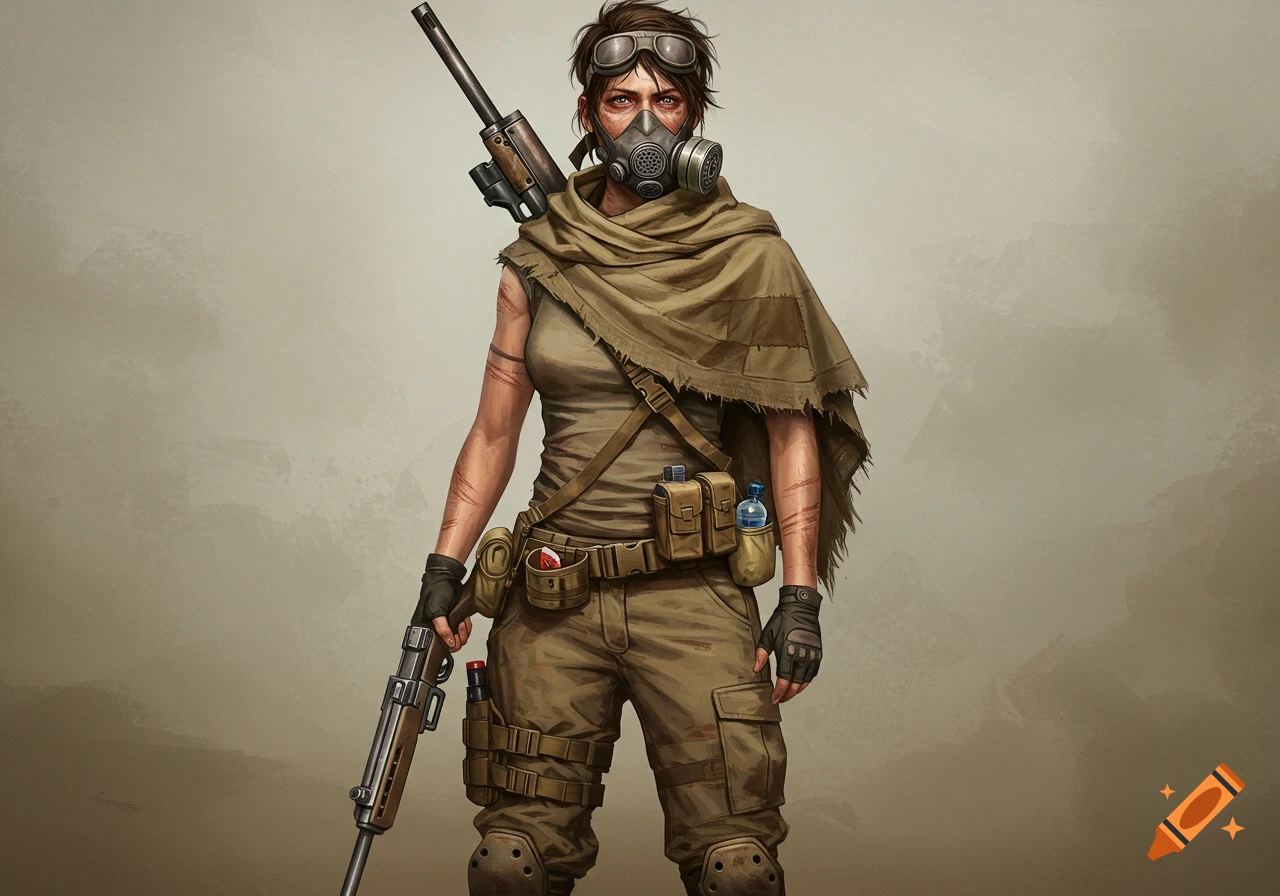Illustration of a female post-apocalyptic survivor in a gas mask, goggles, and desert gear, holding a rifle.