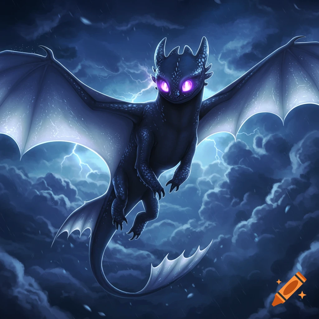 A black dragon with glowing purple eyes flies through a dark, stormy sky with lightning.