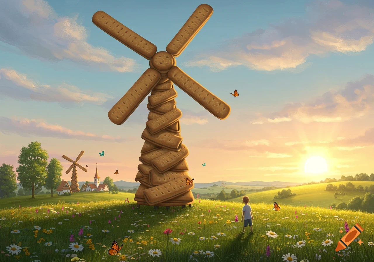 A child stands in a sunlit meadow of wildflowers, looking at a large windmill constructed from stacked biscuits.