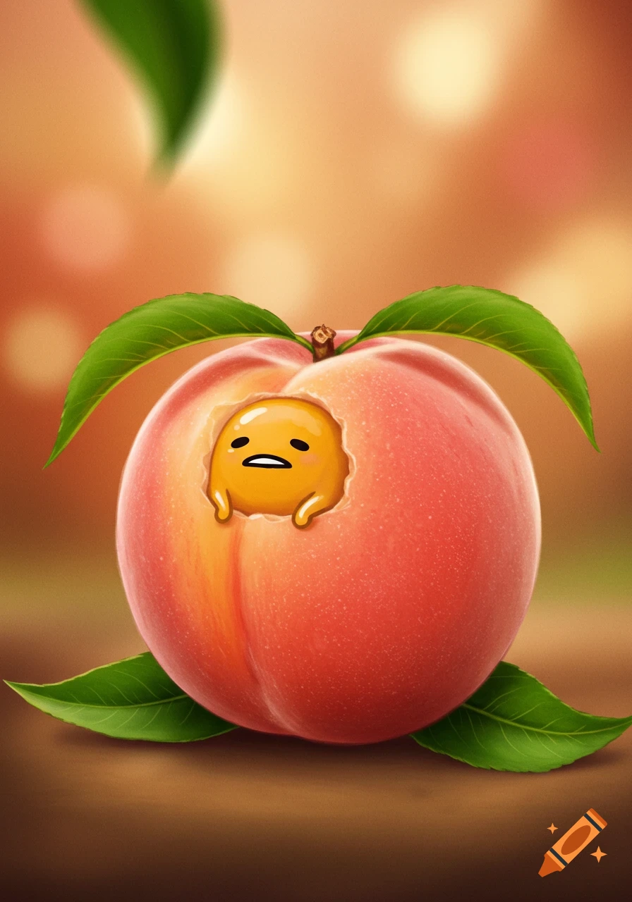A cute Gudetama character with a sad expression peeks out from a hole in a vibrant peach, surrounded by green leaves.