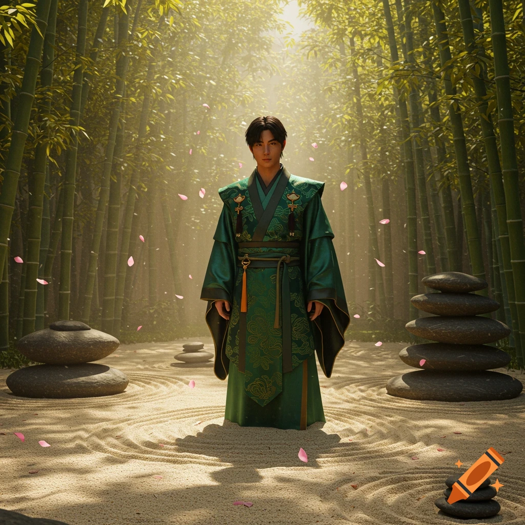 A man in a green traditional Asian robe stands in a serene bamboo forest with a raked sand garden and stacked stones.