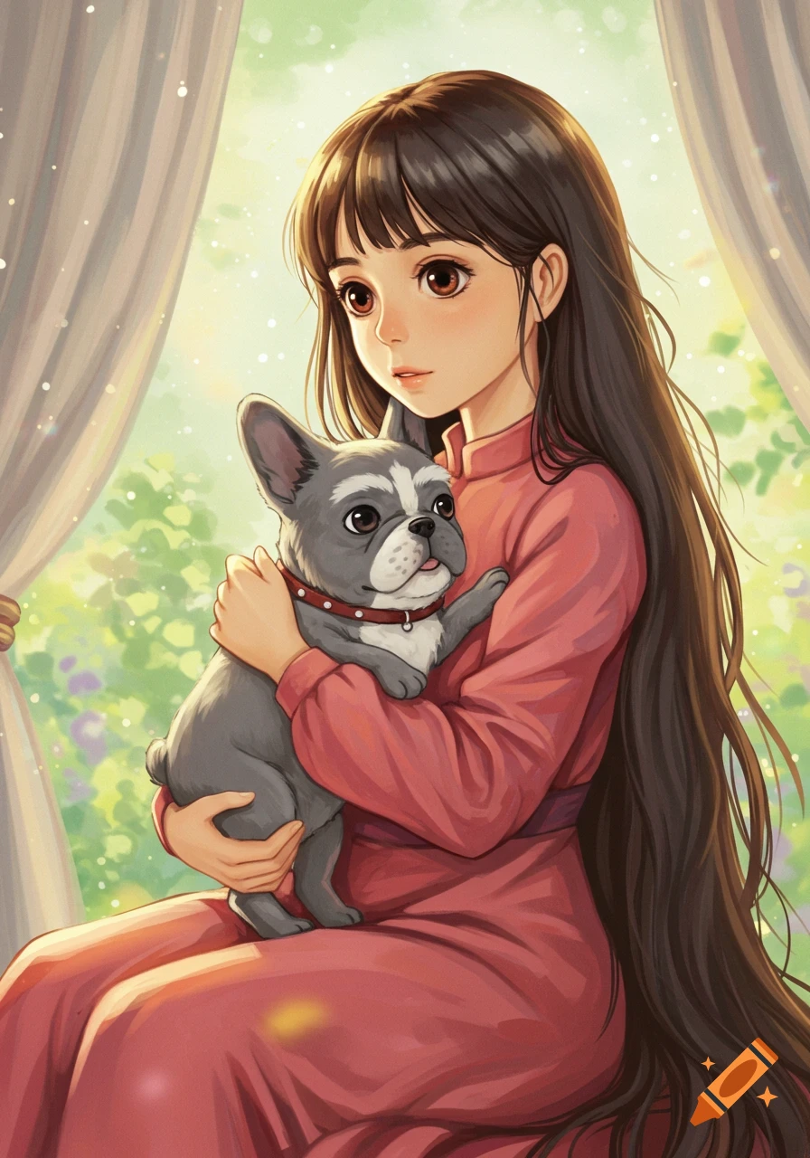An anime girl with long dark hair holds a grey French bulldog near a window, in Studio Ghibli style.