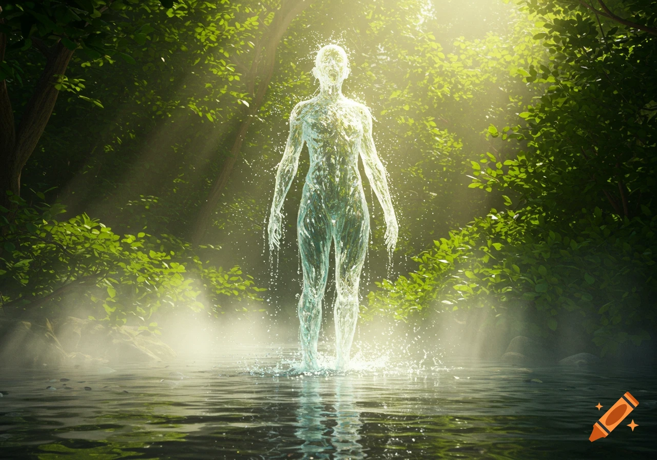 A luminous water humanoid figure stands in a sunlit forest stream, with light rays piercing through green foliage.