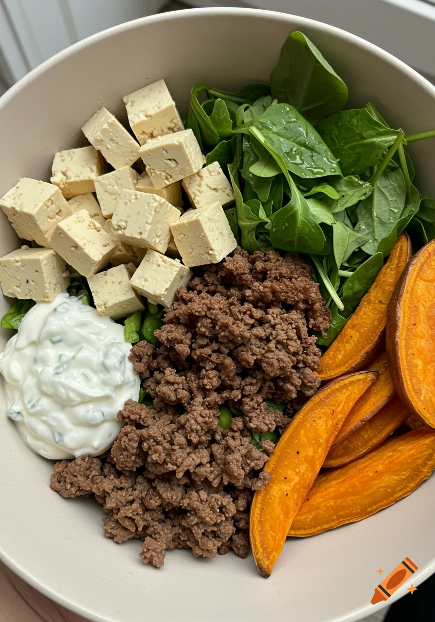 A close-up of a healthy meal bowl with cubed tofu, ground beef, spinach, sweet potato wedges, and tzatziki.