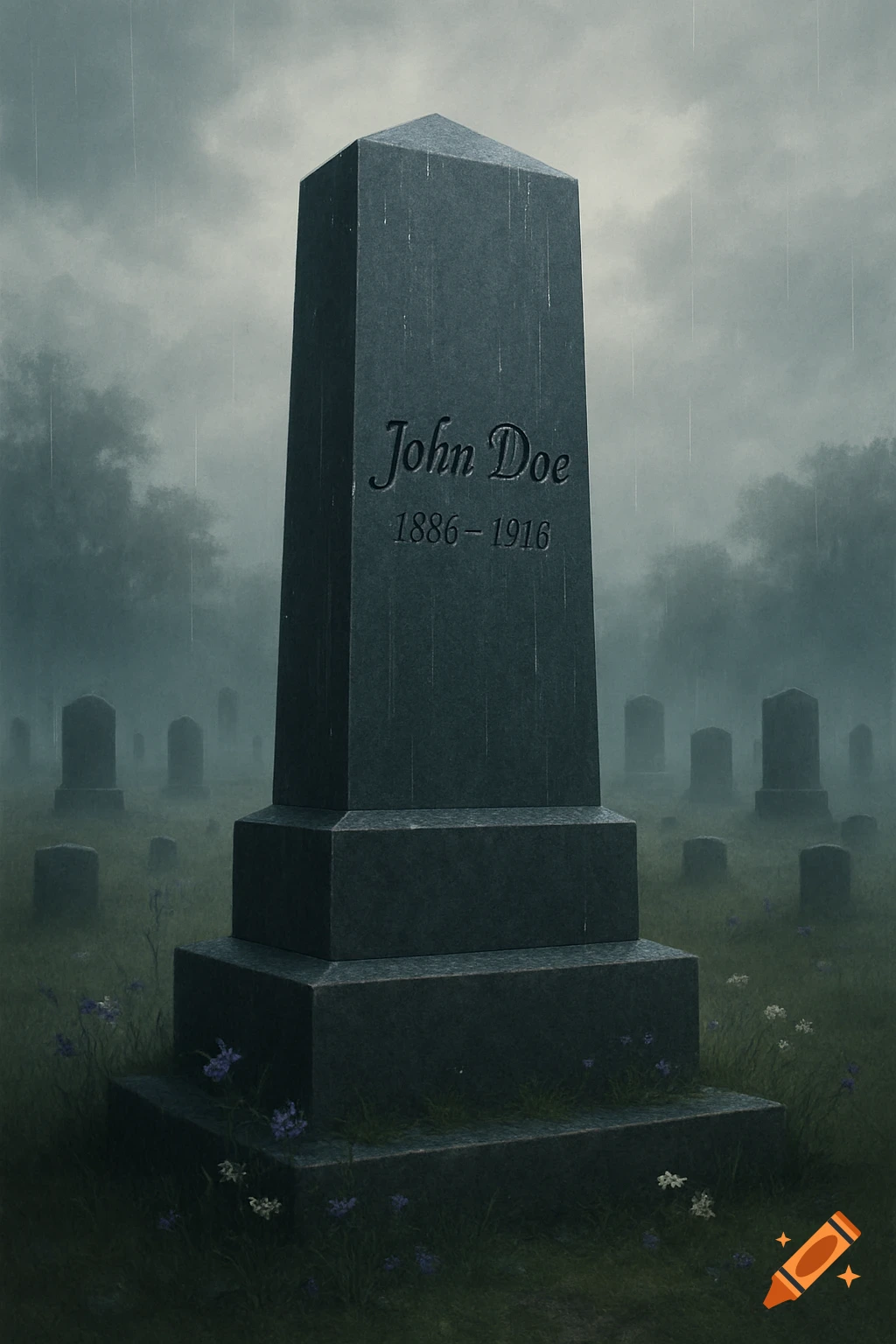 A stone stele gravestone engraved with 'John Doe 1886-1916' stands in a misty, rainy graveyard with other headstones in the background.