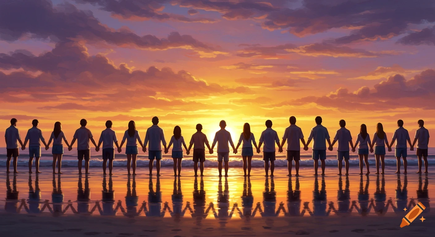 Silhouettes of people holding hands on a beach at sunset, with reflections in the wet sand.