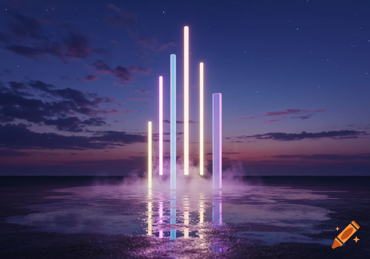 Multiple glowing neon light pillars stand in a shallow reflective pool under a dramatic twilight sky.