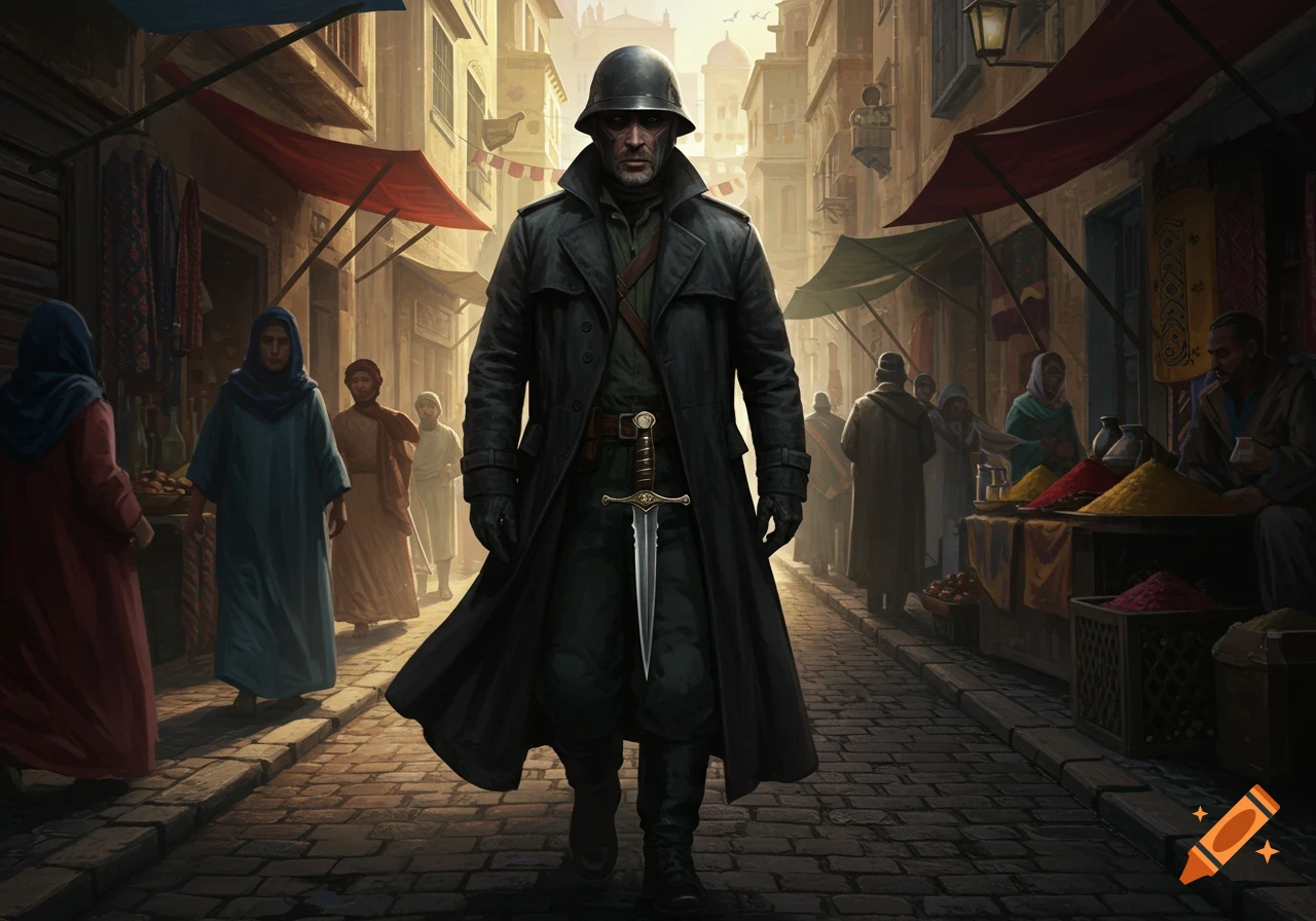 A mysterious man in a dark trench coat and helmet with a dagger on his belt walks through a bustling, sunlit market street.