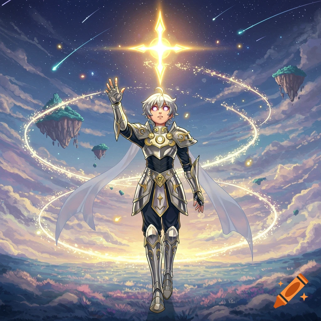 Anime character in intricate armor reaching towards a bright glowing star in a dreamy sky with floating islands and shooting stars.