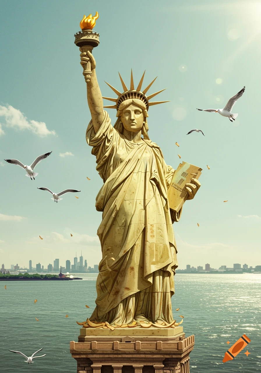 A majestic potato-textured Statue of Liberty stands in New York Harbor under a bright sky, surrounded by seagulls, with the city skyline in the background.