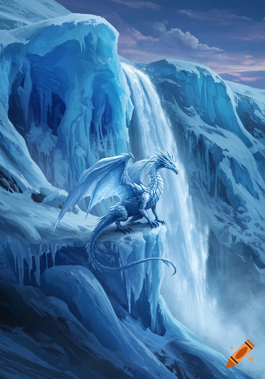 An ice dragon perches on a snowy cliff beside a flowing waterfall and a massive glacier.