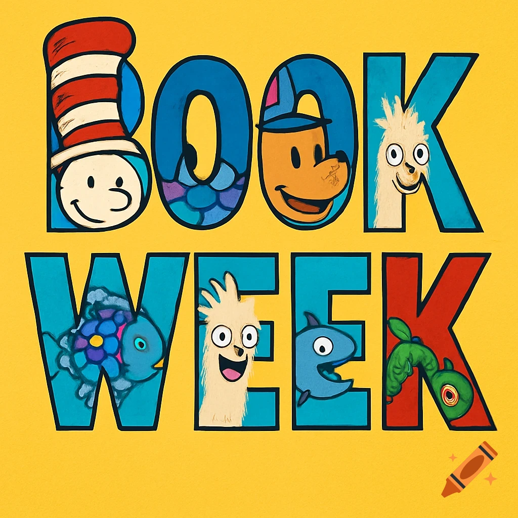The words BOOK WEEK in large colorful block letters, with various cartoon book characters like Cat in the Hat and Rainbow Fish filling the letters, on a yellow background.