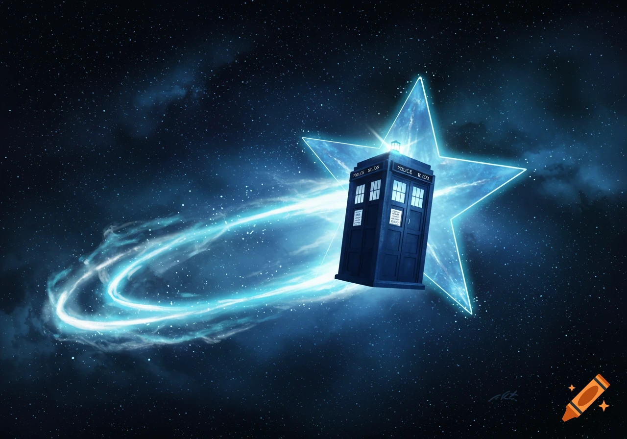 A blue TARDIS, shaped like a police box, flies through the star-filled cosmos, leaving a bright blue energy trail. A large, glowing blue star is behind it.