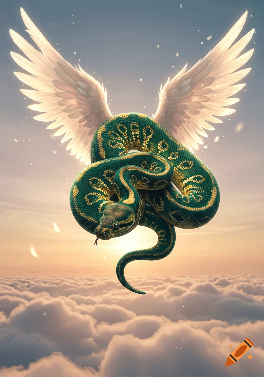 A vibrant green and gold patterned snake with large white angelic wings flies coiled above fluffy clouds during sunset.