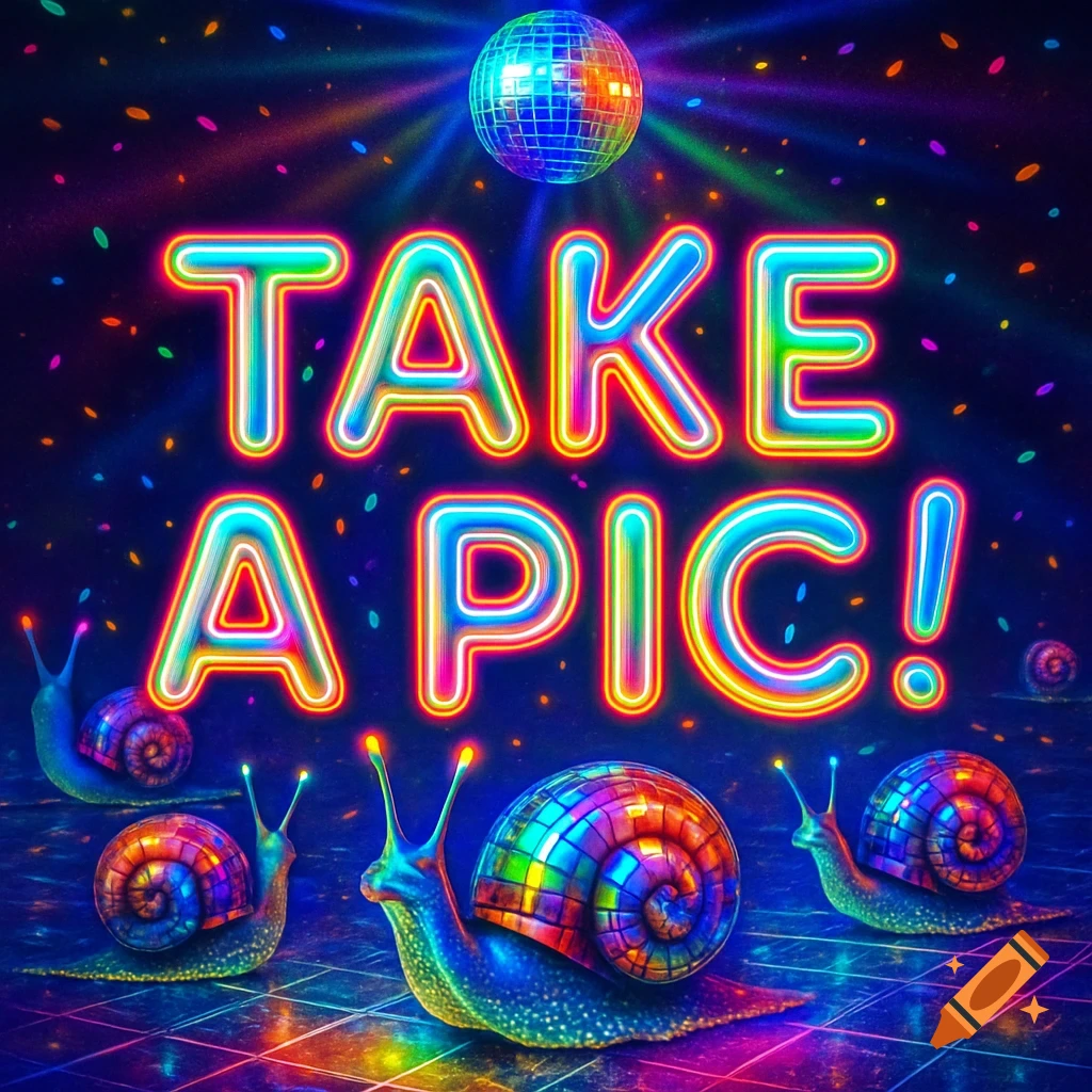 Neon 'TAKE A PIC!' sign above three rainbow disco snails on a reflective floor with a disco ball and confetti.