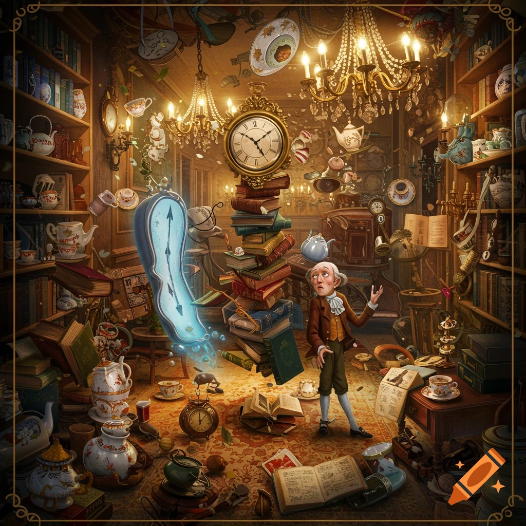 A whimsical, detailed scene of an old-fashioned room in disarray, with books, teacups, and clocks floating and falling. A man in period clothing looks up in surprise at a melting clock.