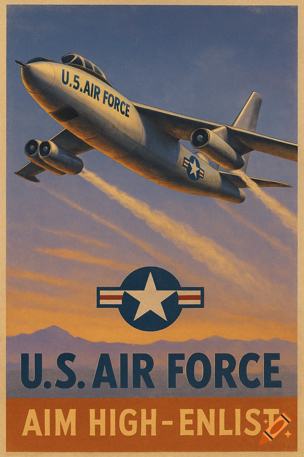 Vintage U.S. Air Force recruitment poster with a B-47 bomber flying over mountains at sunset and the motto 'AIM HIGH-ENLIST'.