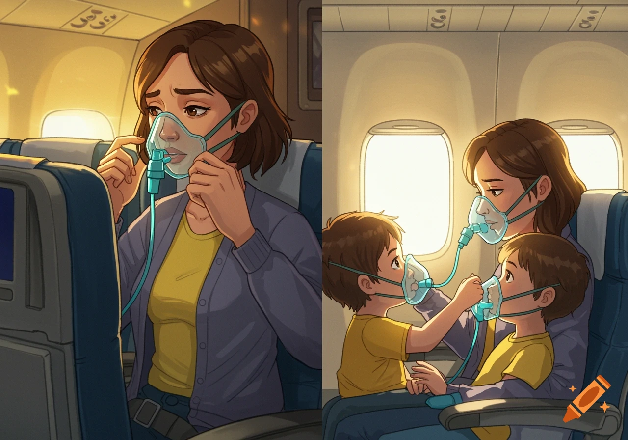 Cartoon illustration split into two scenes. Left: A distressed woman in an airplane puts on an oxygen mask. Right: The woman helps two children put on their oxygen masks.