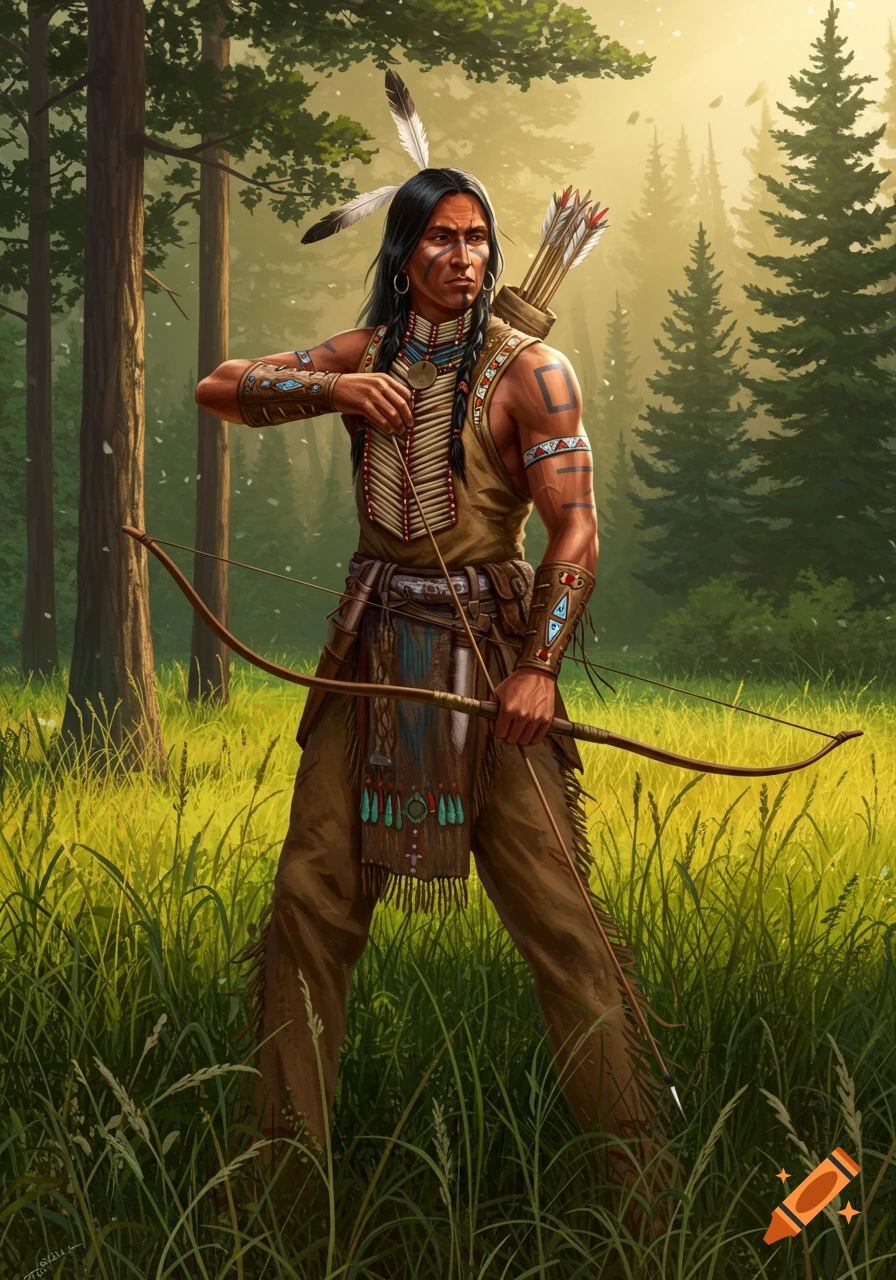A detailed illustration of a Native American man with long dark hair, feathers, and face paint, holding a bow and arrow in a sunlit forest.