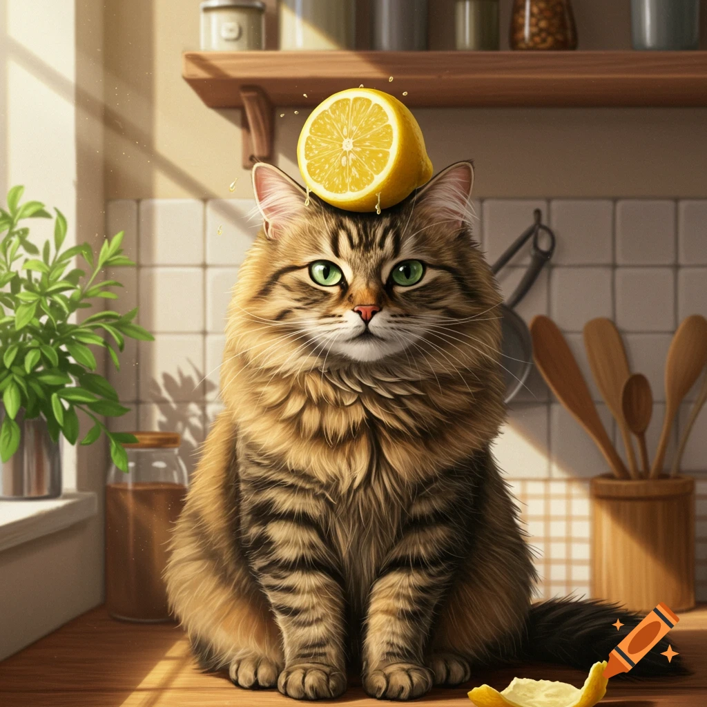 A fluffy brown tabby cat with green eyes sits on a wooden kitchen counter with a sliced lemon half balanced on its head.