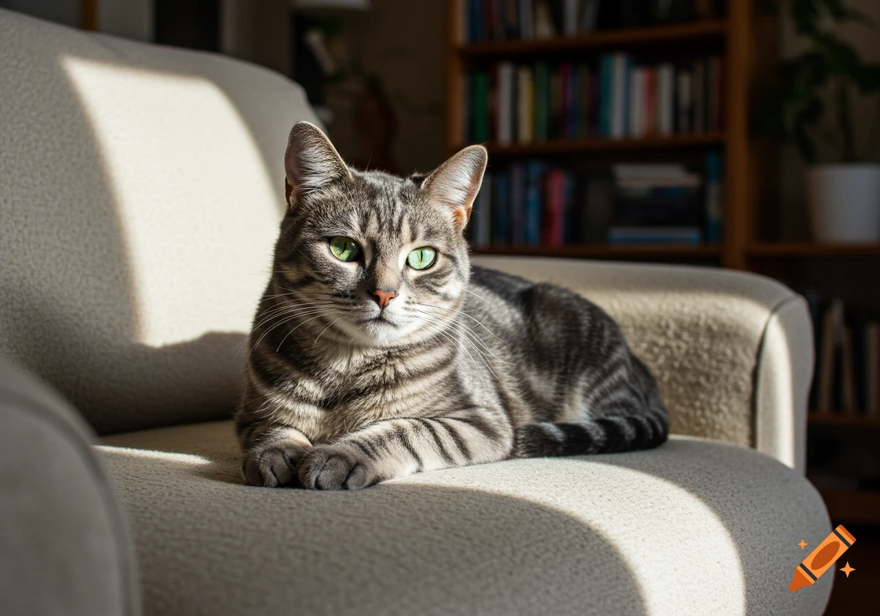 A striped tabby cat with green eyes lies on a light-colored couch, looking forward, with sunlight streaming in from the left and a blurred bookshelf in the background.