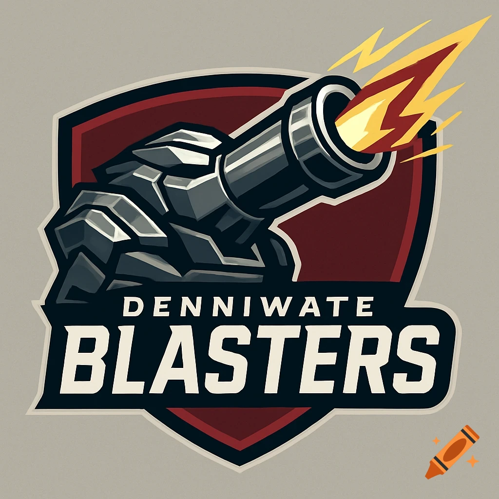 A modern sports logo featuring a futuristic artillery cannon firing an energy blast, with 'DENNIWATE BLASTERS' text.