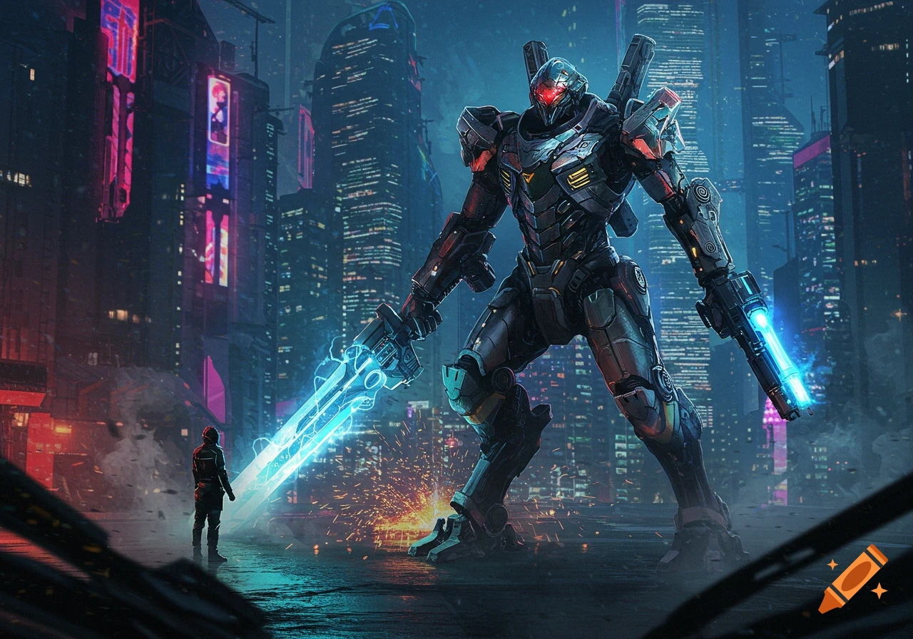 A colossal dark mech with a glowing blue sword and gun stands in a neon-lit cyberpunk city, looking down at a small human figure.
