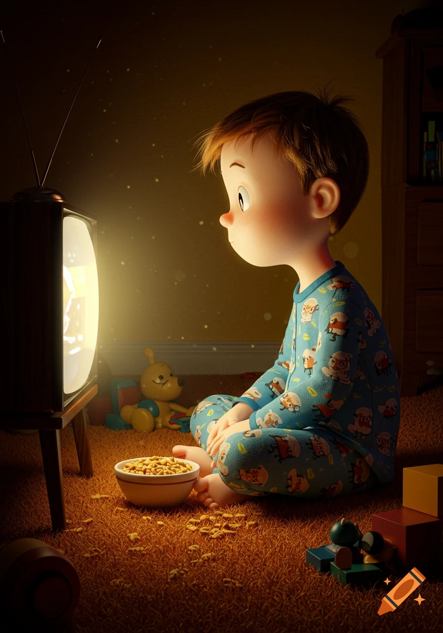 Cartoon boy in blue pajamas sitting on a brown carpet, watching a glowing TV screen in a dim room with a bowl of cereal beside him.