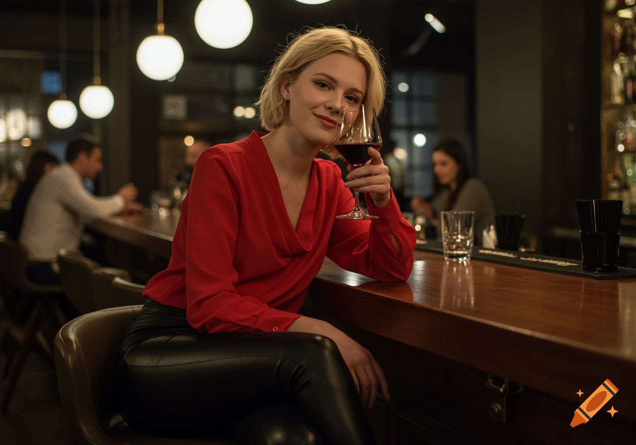 A young blonde woman in a red blouse and black leggings sits at a bar, holding a glass of red wine and smiling at the camera.