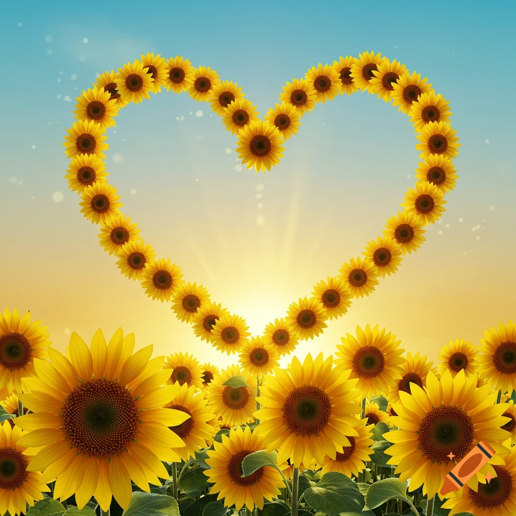 A heart shape made of sunflowers floats above a sunflower field at sunset, with a golden glow from the horizon.