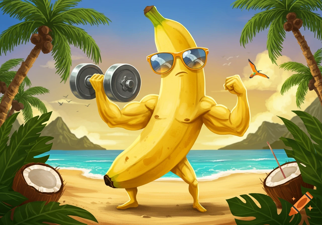 A muscular, anthropomorphic banana wearing sunglasses lifts a dumbbell on a sunny tropical beach with palm trees and coconuts in a cartoon style.