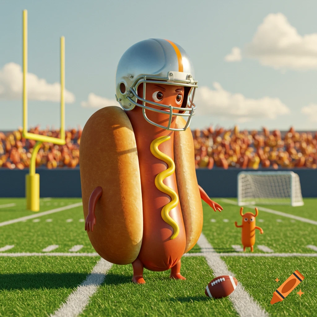 A cartoon hotdog character wearing a football helmet stands on a football field with goalposts and a stadium in the background, a football near its feet and a small orange monster-like creature behind it.