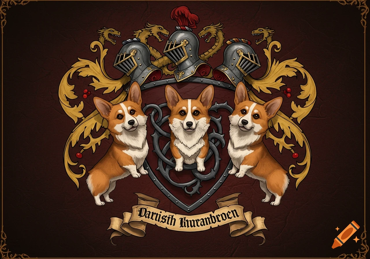 A fantasy coat of arms featuring three corgis, two knight helmets, and a banner with the text 'Darisith Khuranbroen'.