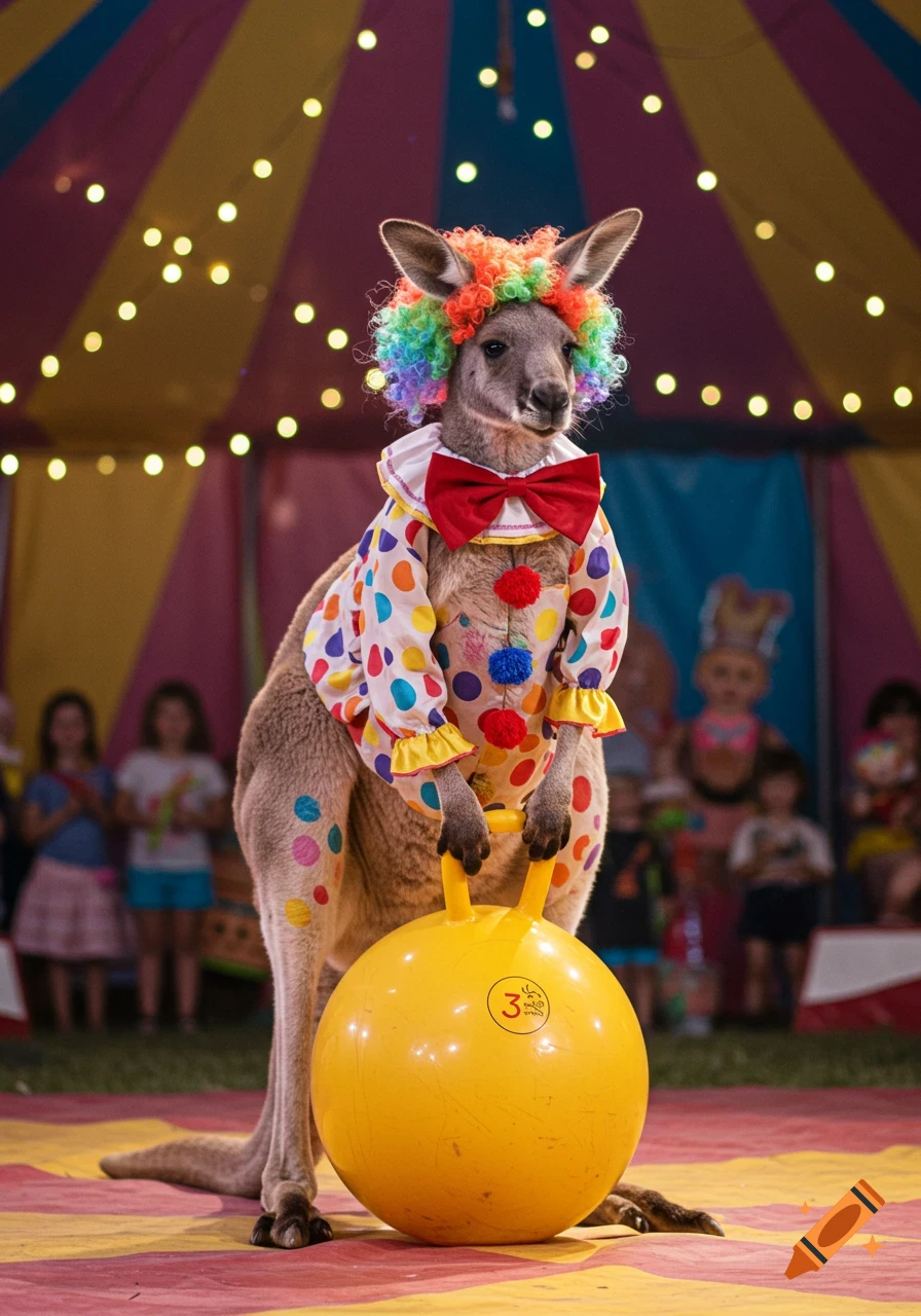 A photorealistic image of a kangaroo wearing a colorful clown wig and costume, holding a yellow bouncing ball inside a circus tent.