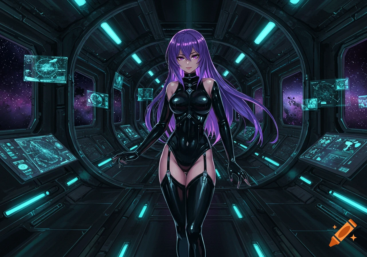Anime girl with long purple hair in a black latex leotard in a futuristic spaceship.