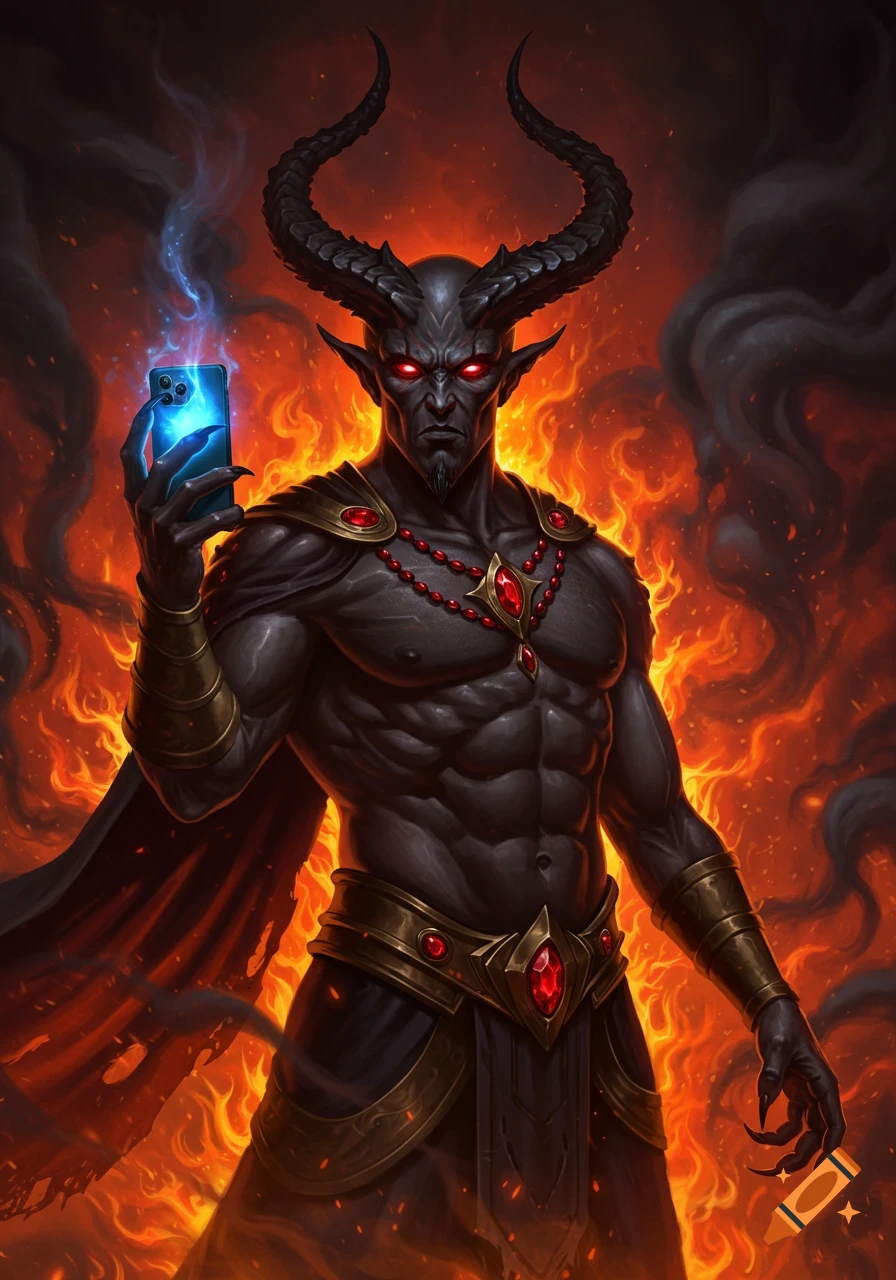 A muscular, horned demon with red eyes holds a glowing blue smartphone, standing in a fiery hellscape digital illustration.